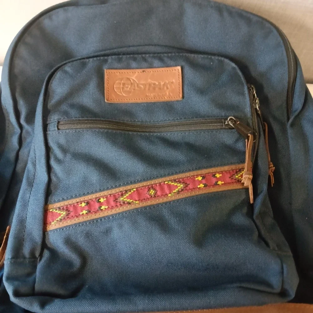 Vintage 90s Eastpak Suede Leather Bottom Blue Aztec Made In USA School Hiking